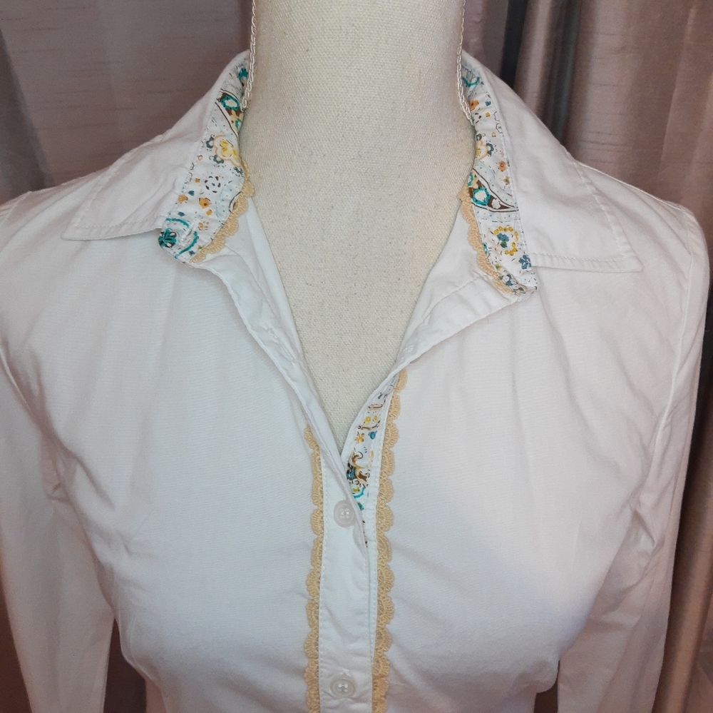 Joe Browns white long sleeve shirt UK 8 Paisley collar & sleeve trim - Picture 3 of 10